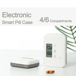 Smart Pill Organizer with 5 Alarms & Vibration – Blue or Gray, 4 or 6 Compartments