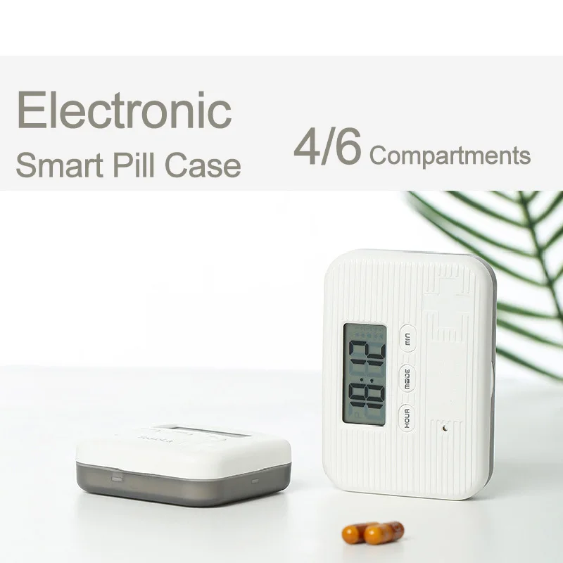 Smart Pill Organizer with 5 Alarms & Vibration – Blue or Gray, 4 or 6 Compartments