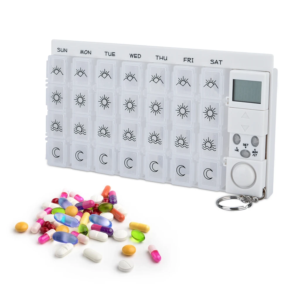 7-Day Weekly Pill Organizer with Alarm Timer – 28 Detachable Compartments